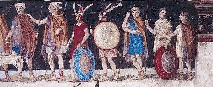 An ancient fresco of Macedonian soldiers from the tomb of Agios Athanasios, Thessaloniki, Greece.