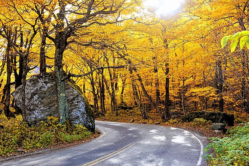 Winding Smuggler's Notch Road in Vermont, surrounded by vibrant autumn colors.