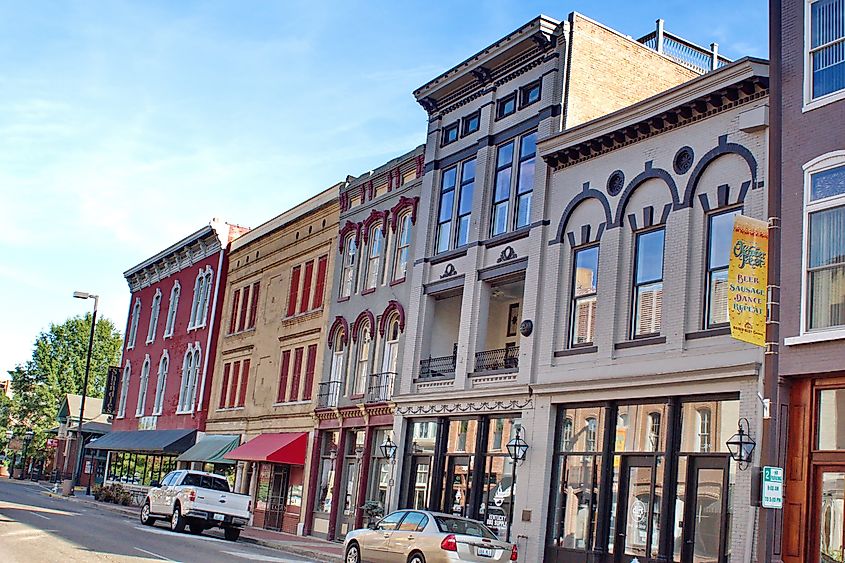 Row of colorful, historic buildings on Main Street in Paducah, Kentucky, USA. Image credit: Angela N Perryman / Shutterstock.com
