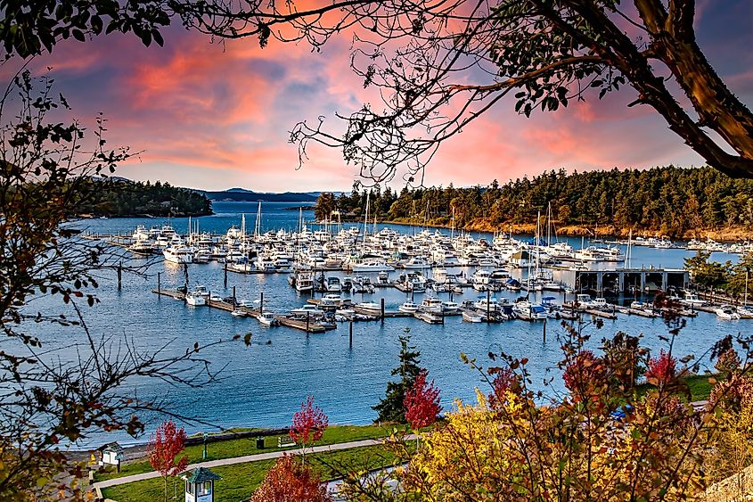 Boats moored at Roche Harbor on the northwest side of San Juan Island in San Juan County, Washington