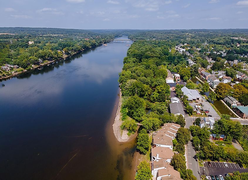 Overhead view of the Delaware River and an aerial view of the small town of Lambertville, New Jersey