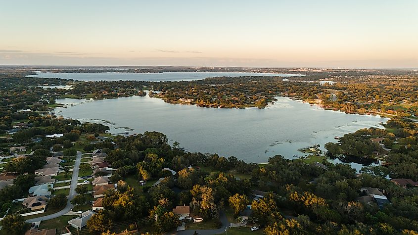 Drone view of the beautiful Crescent lake of the Clermont Chain of Lakes.