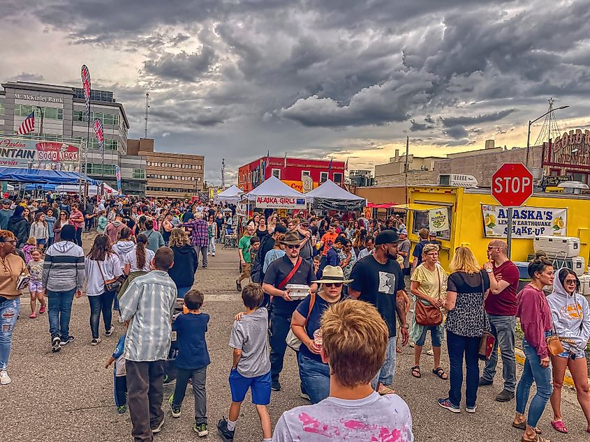 People celebrating The Annual Midnight Sun Festival in Fairbanks, Alaska