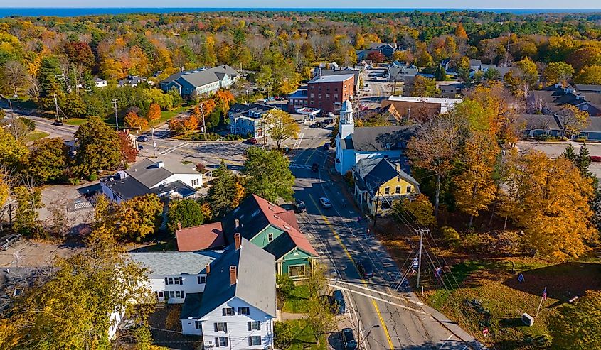 Aerial view in fall, including Old Methodist Church in town of York, Maine.