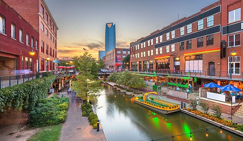 Oklahoma City, Oklahoma, USA cityscape in Bricktown at dusk.