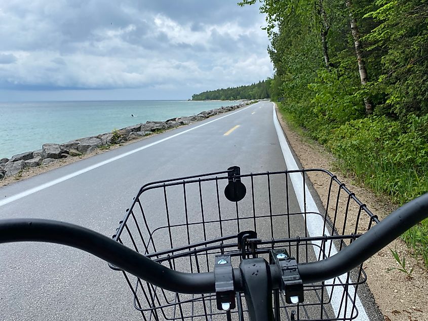 The point of view of a cyclist pedalling along a road that splits a vibrant green forest on the right, and choppy blue waters on the left