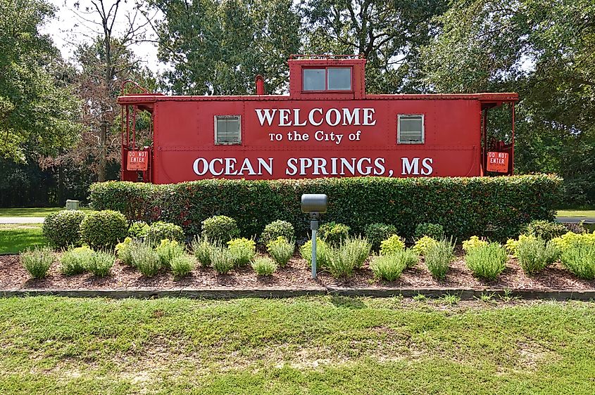 A welcome sign to the town of Ocean Springs in Mississippi.