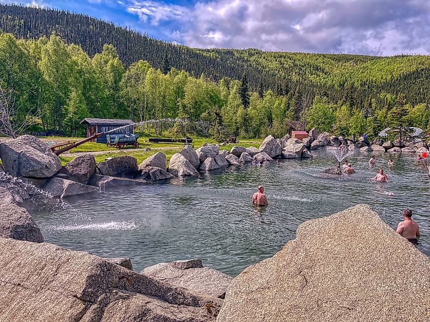 People relaxing in the Chena Hot Springs, Fairbanks, Alaska.