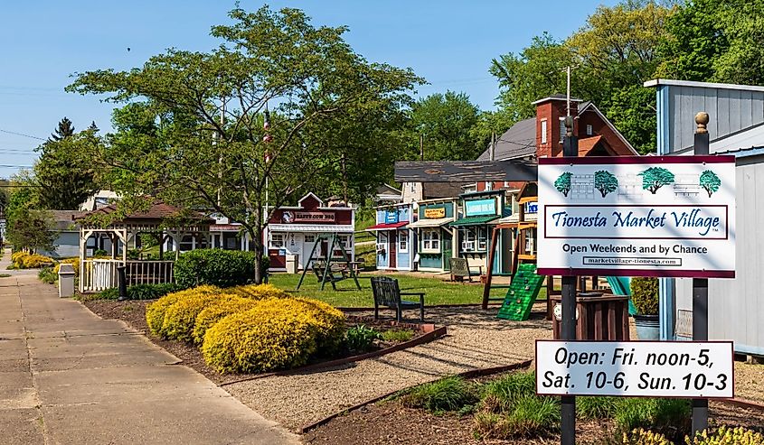 Tionesta Market Village on Elm Street on a sunny spring day in Tionesta, Pennsylvania.