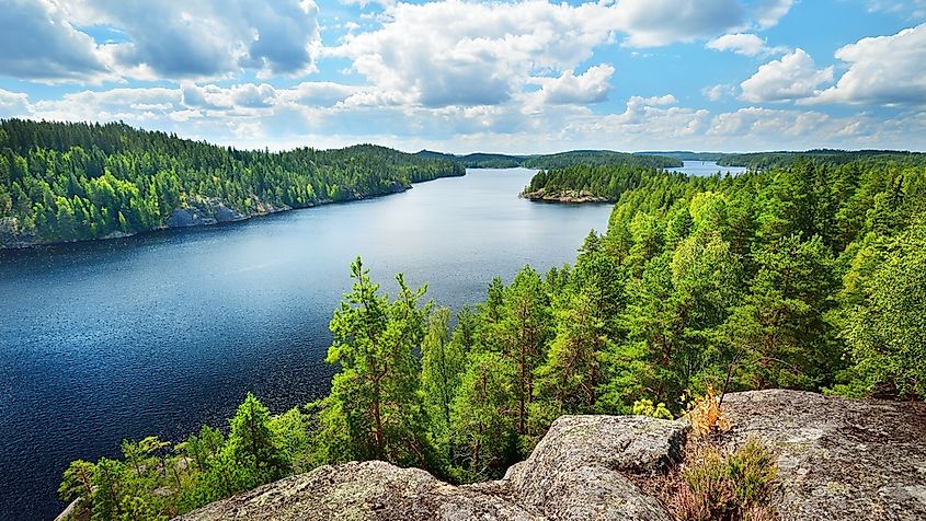 Forested islands and channels of the Lake Saimaa system in eastern Finland.