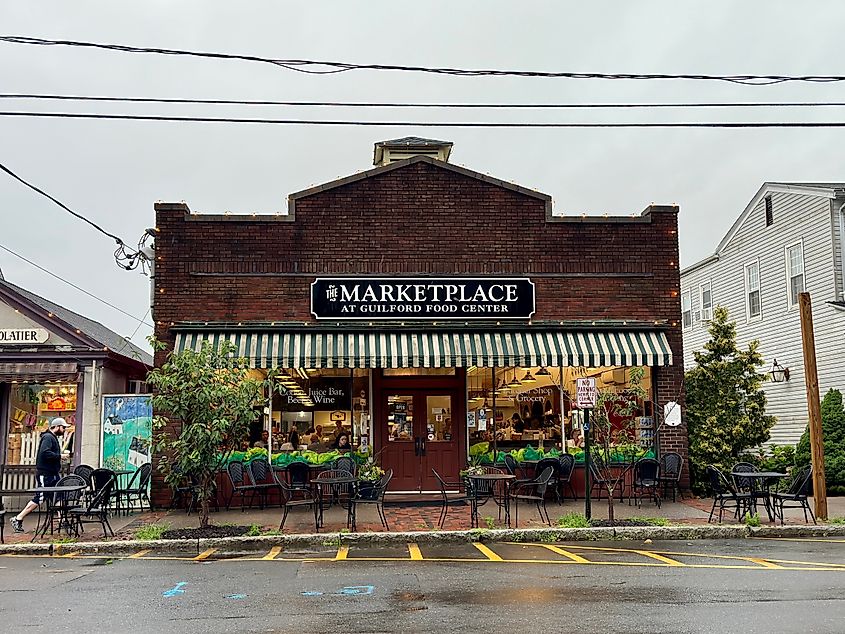 View of Marketplace at Guilford Food Center, near town green on a rainy day. Editorial credit: Rachel Rose Boucher / Shutterstock.com