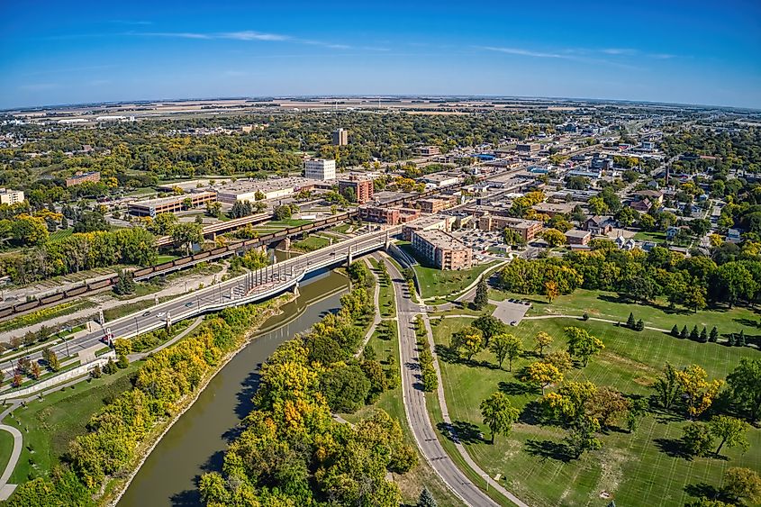 Aerial View of Moorhead, Minnesota on the Red River during Autumn.