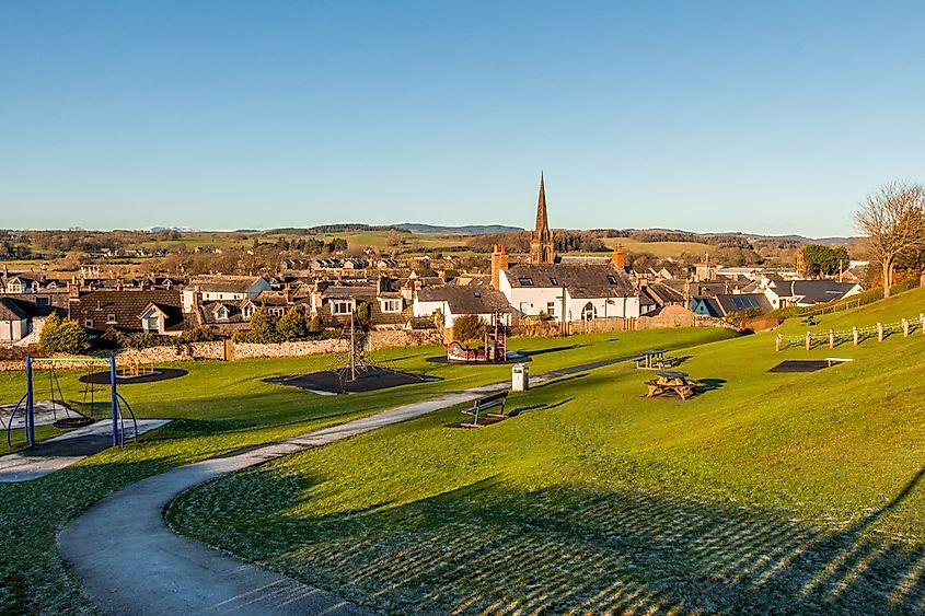 View over Hope-Dunbar Park and Kirkcudbright on a frosty winters morning, Dumfries and Galloway, Scotland