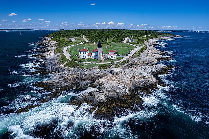 Aerial view of Beavertail Lighthouse, Rhode Island.