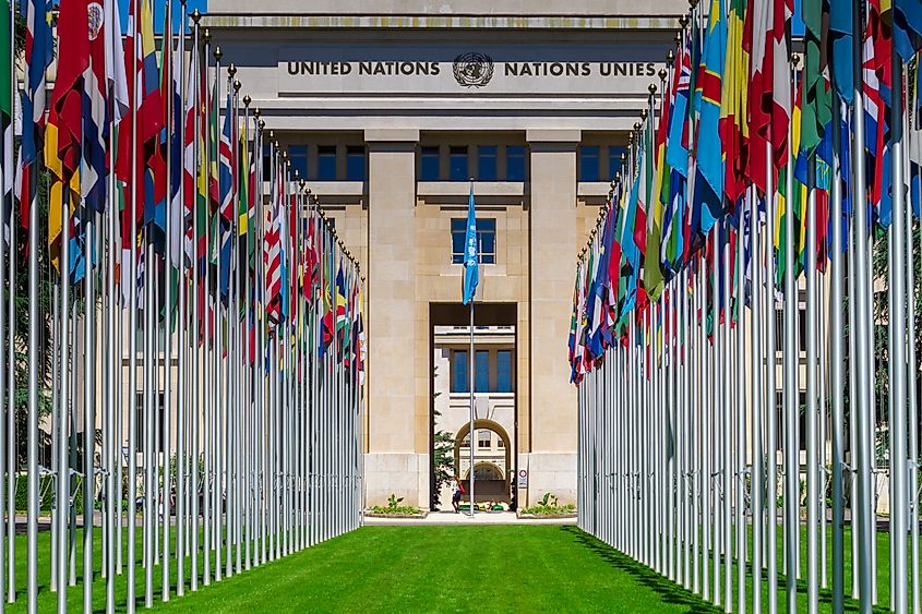 The entrance in UN office at Geneva, Switzerland. Image by Dominionart via Shutterstock.com