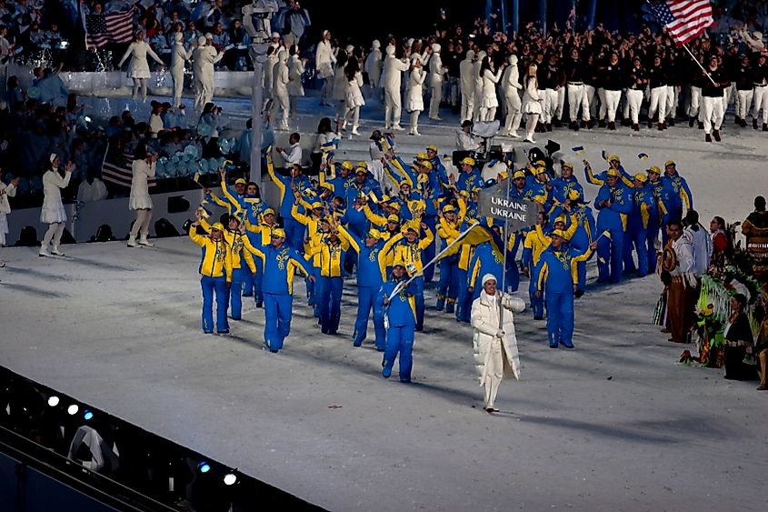 The Ukrainian Olympic team at the 2010 Winter Games opening ceremony. Image credit Jude Freeman via Wikimedia.