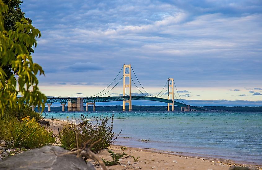 The Mackinac Bridge spans the Straits of Mackinac.