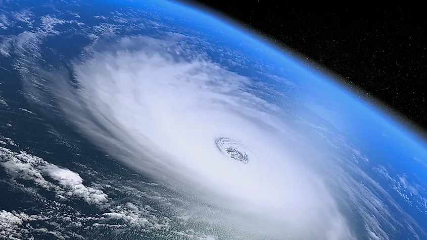 A hurricane's spiral seen from space.