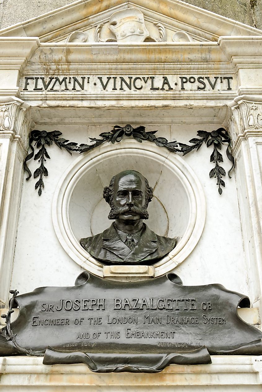 Memorial bust to Sir Joseph Bazalgette set into the wall of the Thames Embankment