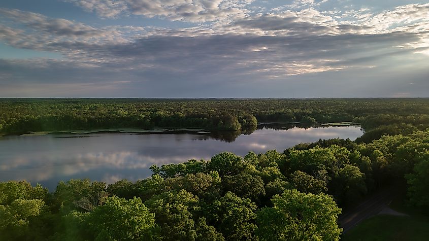 Aerial shot from a drone of Parvin State Park in New Jersey.