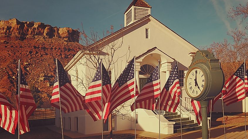 American flags along Main Street in Rockville, Utah.