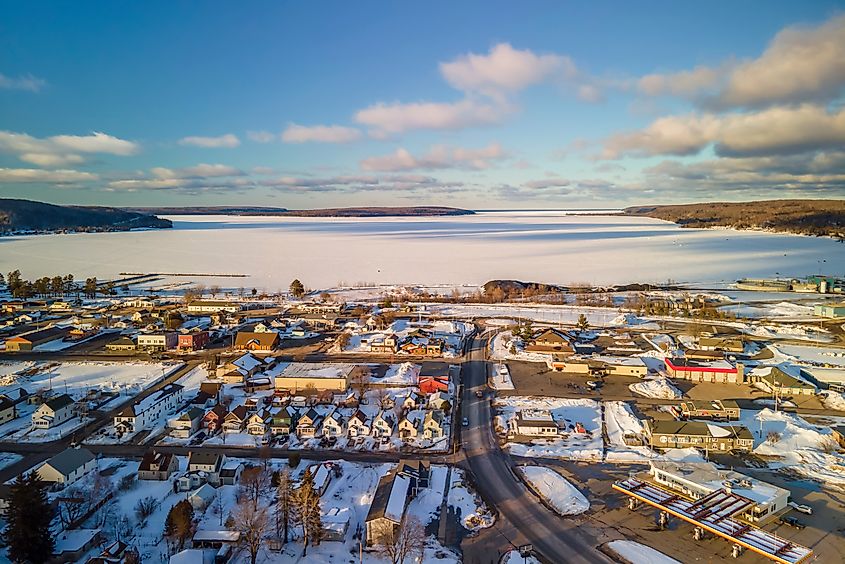 Aerial view of Munising, Michigan, in winter