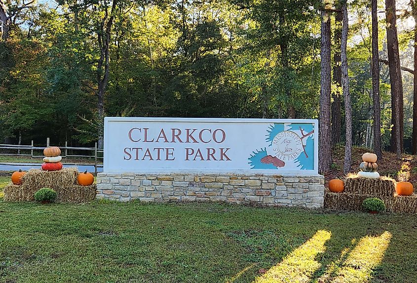 Sign welcoming visitors to Clarkco State Park near Quitman, Mississippi.