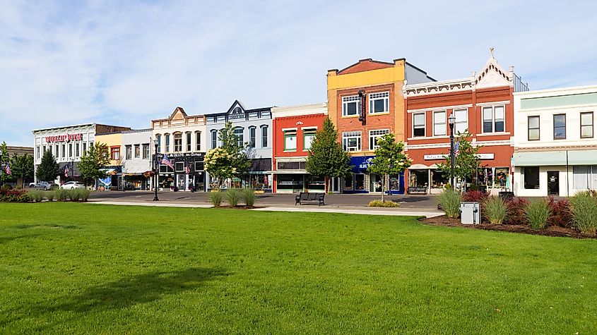 Colorful shops in downtown Dallas, Oregon, USA.