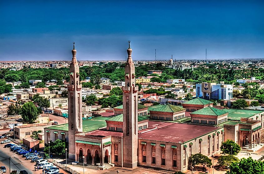 The Aerial view to Saudique Grand Mosque in Nouakchott in Mauritania