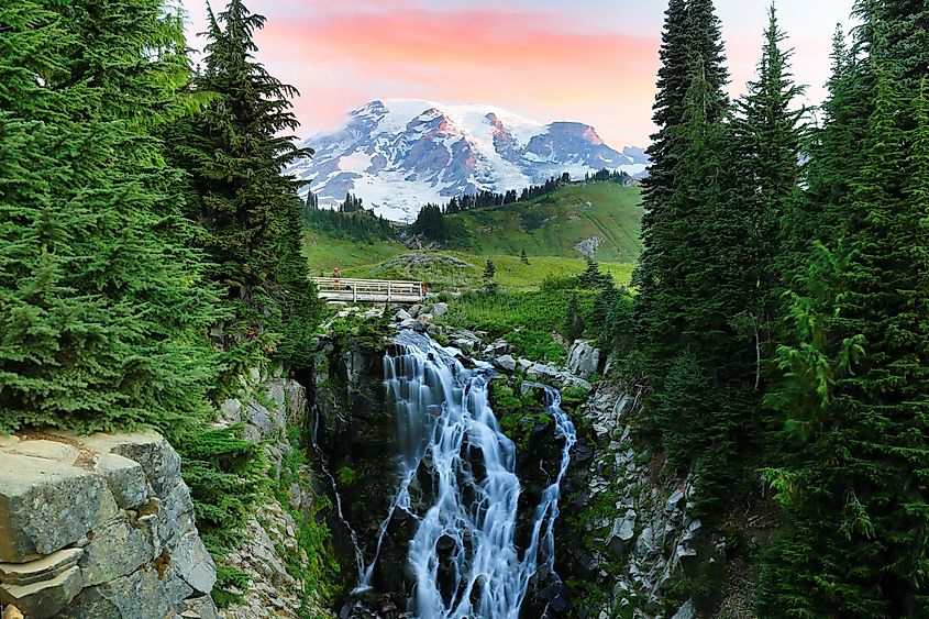 Myrtle Falls and Mount Rainier in Mount Rainier National Park.