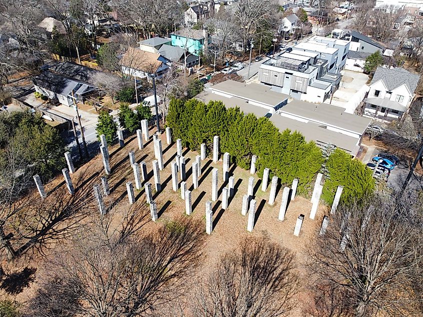 Drone view of 54 Columns, an art installation in Atlanta, Georgia.