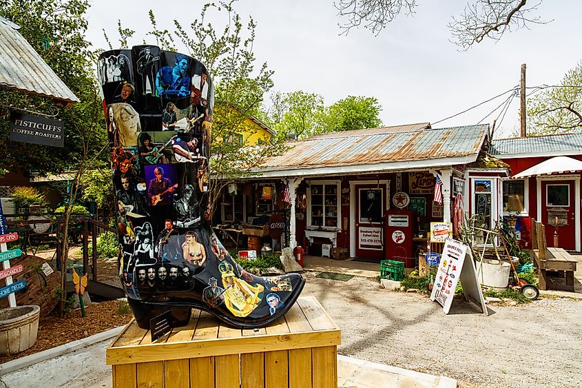 Colorful shop with artwork and vintage items on display in Wimberley, Texas.