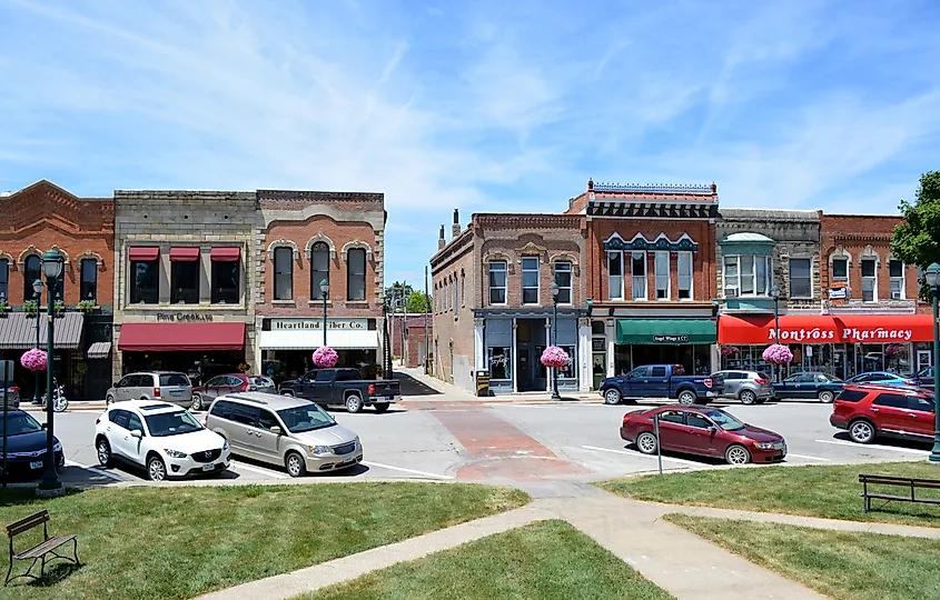 Rustic buildings in downtown Winterset, Iowa.