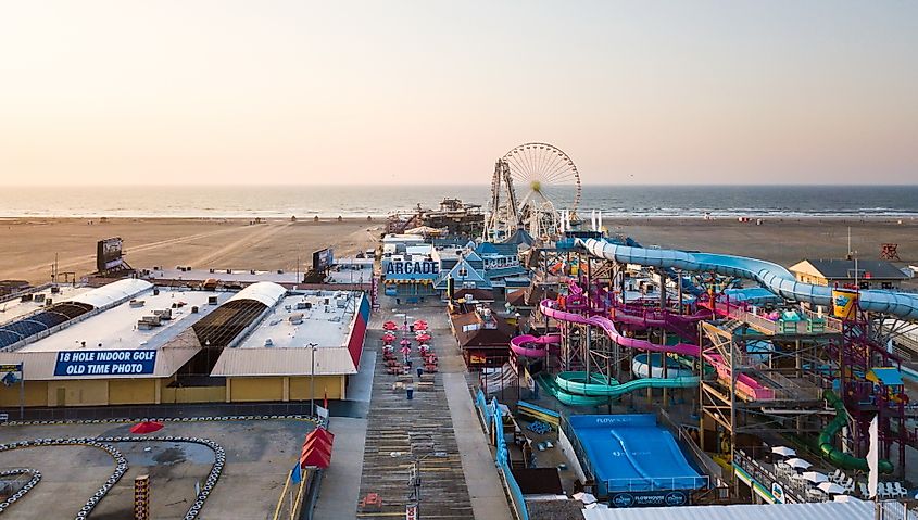 Aerial view of the the Moreys Piers and Beachfront Water Parks complex in Wildwood, New Jersey. Editorial credit: Creative Family / Shutterstock.com