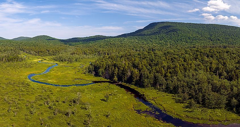Aerial landscape panoramic of Speculator, New York located in the Adirondacks
