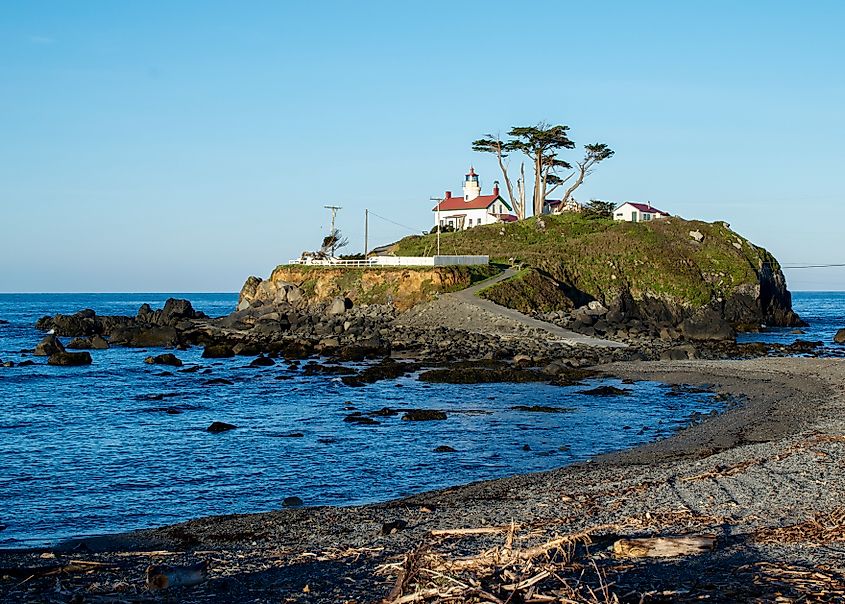 Battery Point Lighthouse in Crescent City, California, USA, during a low tide, in the early morning.