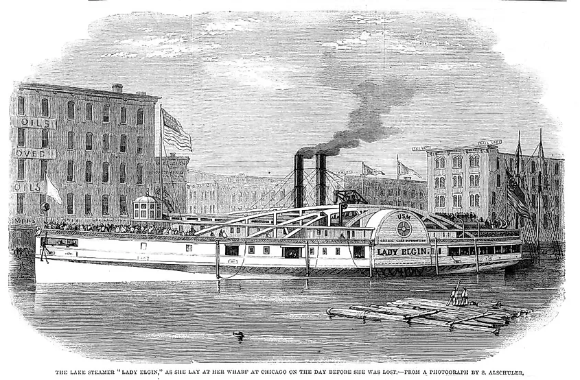 The 252-foot sidewheel steamer Lady Elgin in an 1860 photograph before her loss on Lake Michigan.