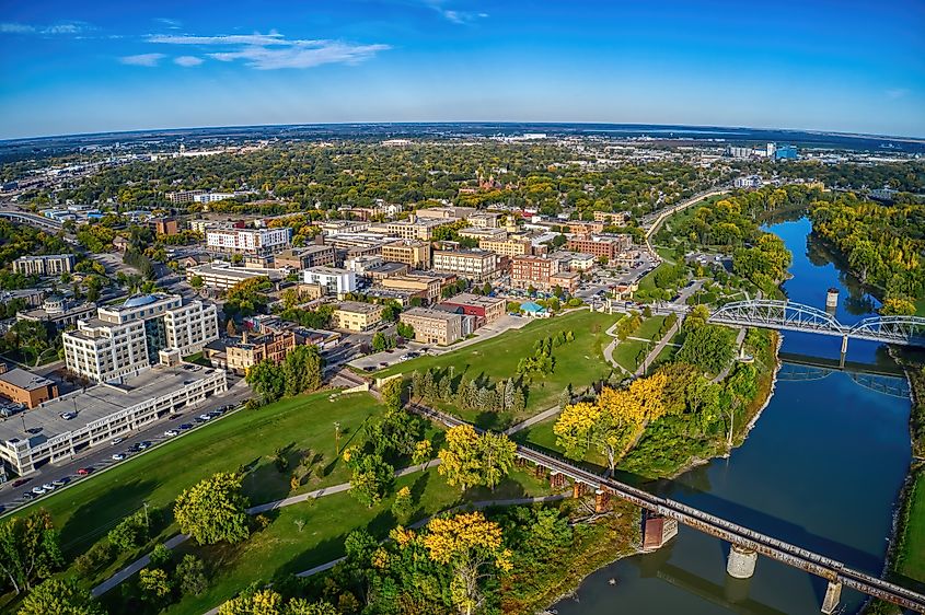 Aerial view of Grand Forks, North Dakota, in fall.