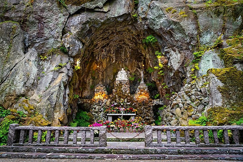 A collection of religious sculptures at The Grotto in Portland, Oregon.