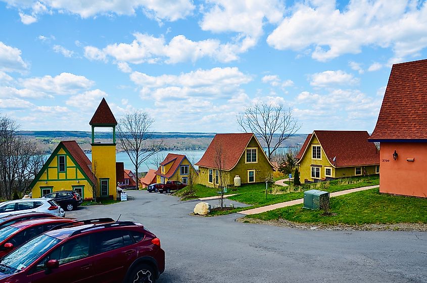 Beautiful lakefront color houses, as the new residential small house community in Watkins Glen. Editorial credit: PQK / Shutterstock.com