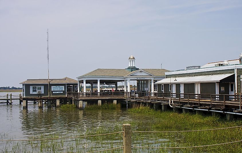 Restaurants and shops on the wharf at Jekyll Island, Georgia.