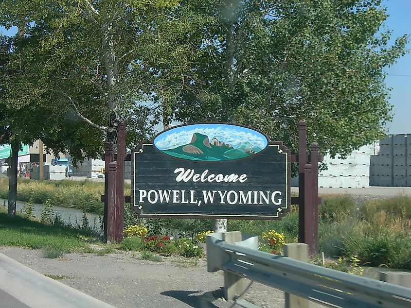 Sign welcoming visitors to Powell, Wyoming