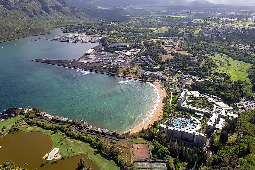 Aerial view of Nawiliwili Bay and Kalapaki Beach in Lihue, Kauai, Hawaii.