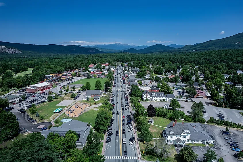 Aerial view of North Conway, New Hampshire, in the White Mountains.