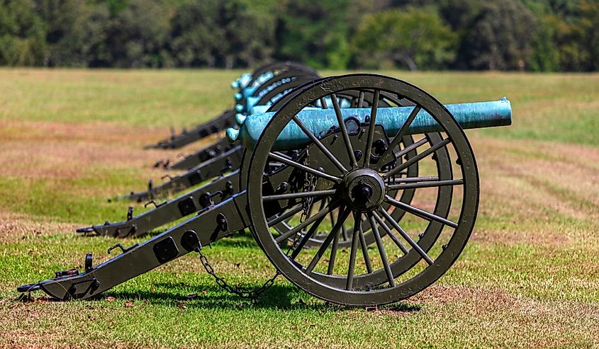 Side view of a blue M1857 12-Pounder, the Napoleon, an American civil war cannon at Shiloh National Military Park.