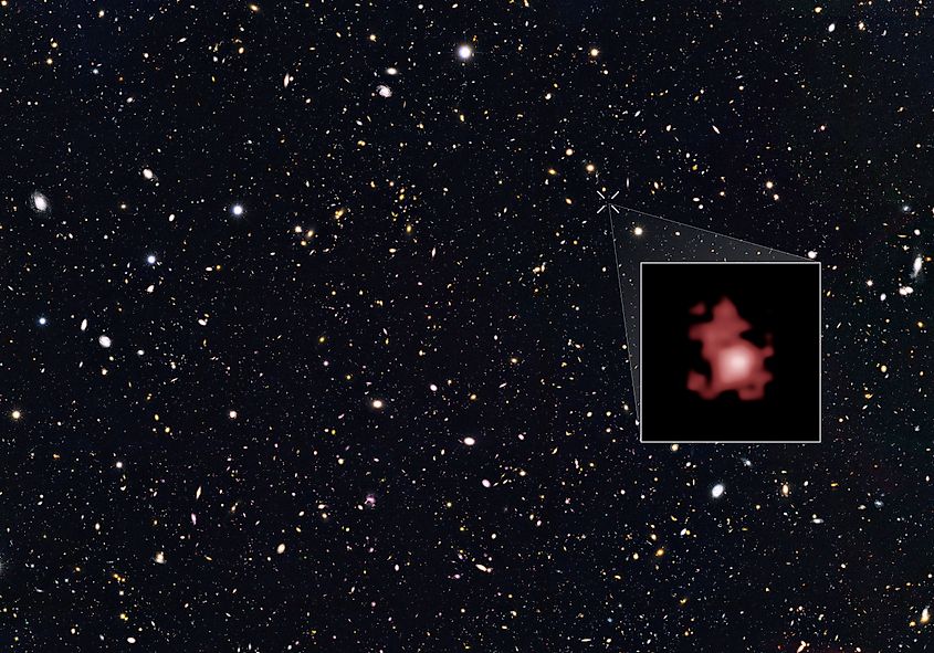 xy GN-z11, shown in the inset, is seen as it was 13.4 billion years in the past, just 400 million years after the big bang, when the universe was only three percent of its current age.