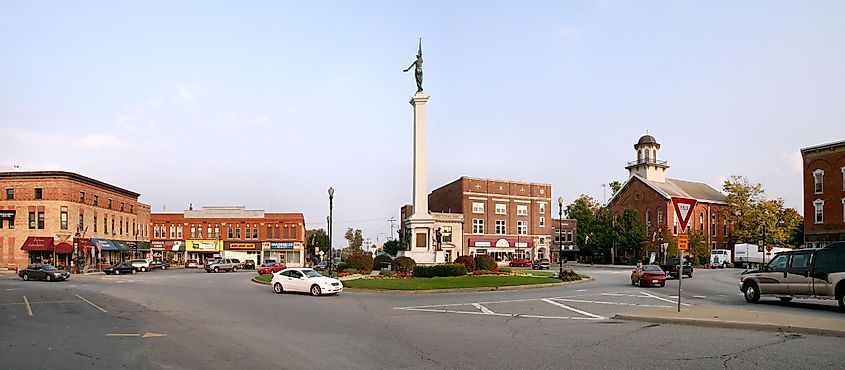 Downtown Angola's traffic circle, "the Mound", with a Civil War monument