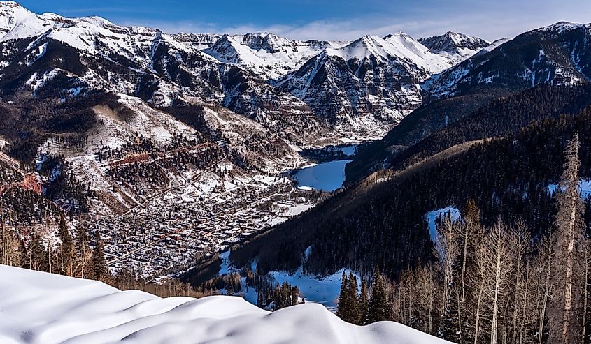 Scenic view of Telluride, Colorado and the San Juan Mountains in winter