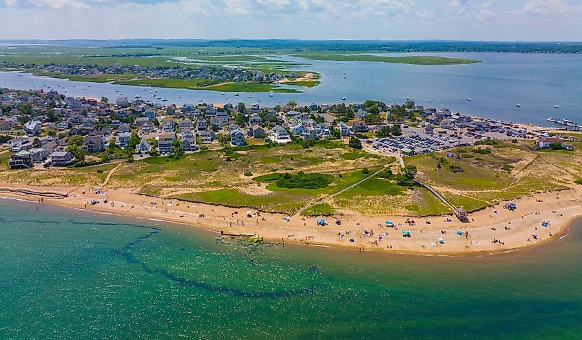 Plum Island Beach aerial view at the northern most point of Plum Island at the mouth of Merrimack River to Atlantic Ocean, Newburyport, Massachusetts.