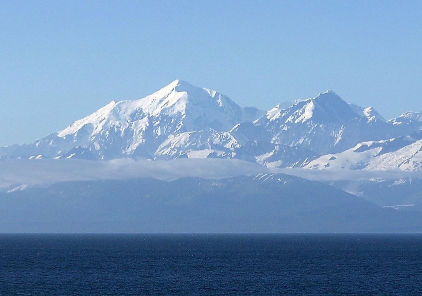 Mount Fairweather (left) and Mount Quincy Adams (right) from the Pacific Ocean.